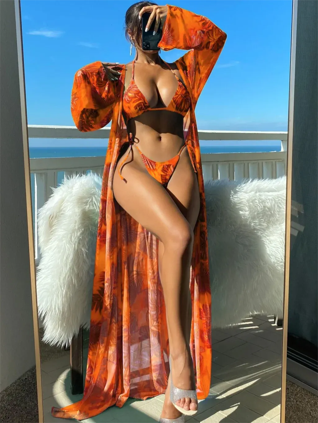 3 Pieces Triangle String Bikini 2024 Swimsuit Women & Kimono Swimwear Female Bathers Bathing Swimming Swim Suit Beachwear