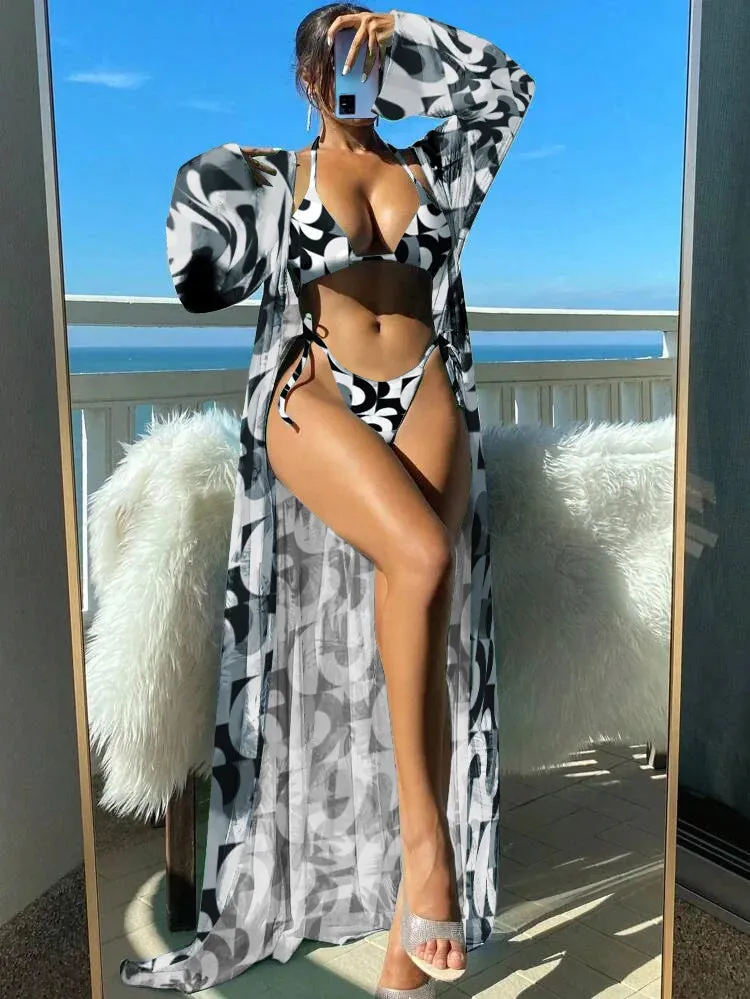 3 Pieces Triangle String Bikini 2024 Swimsuit Women & Kimono Swimwear Female Bathers Bathing Swimming Swim Suit Beachwear