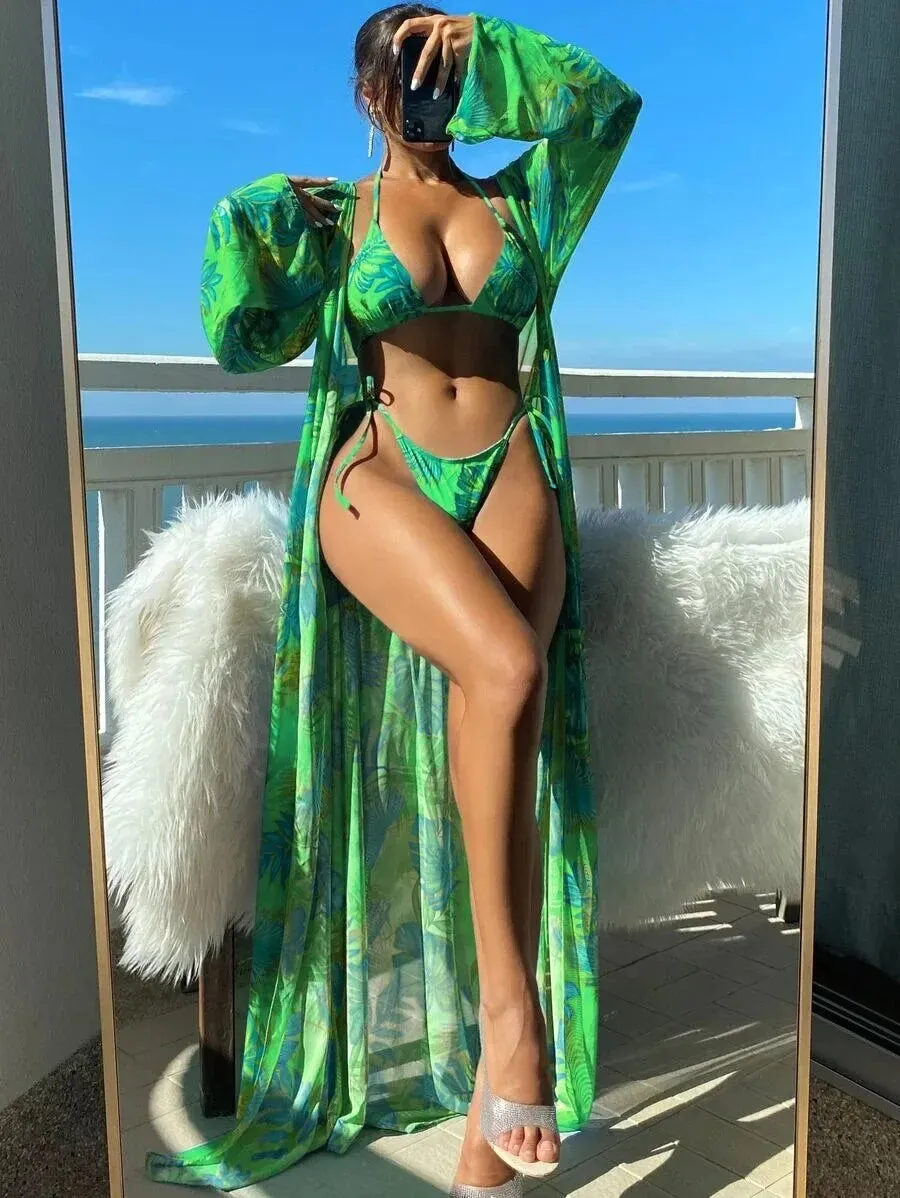3 Pieces Triangle String Bikini 2024 Swimsuit Women & Kimono Swimwear Female Bathers Bathing Swimming Swim Suit Beachwear