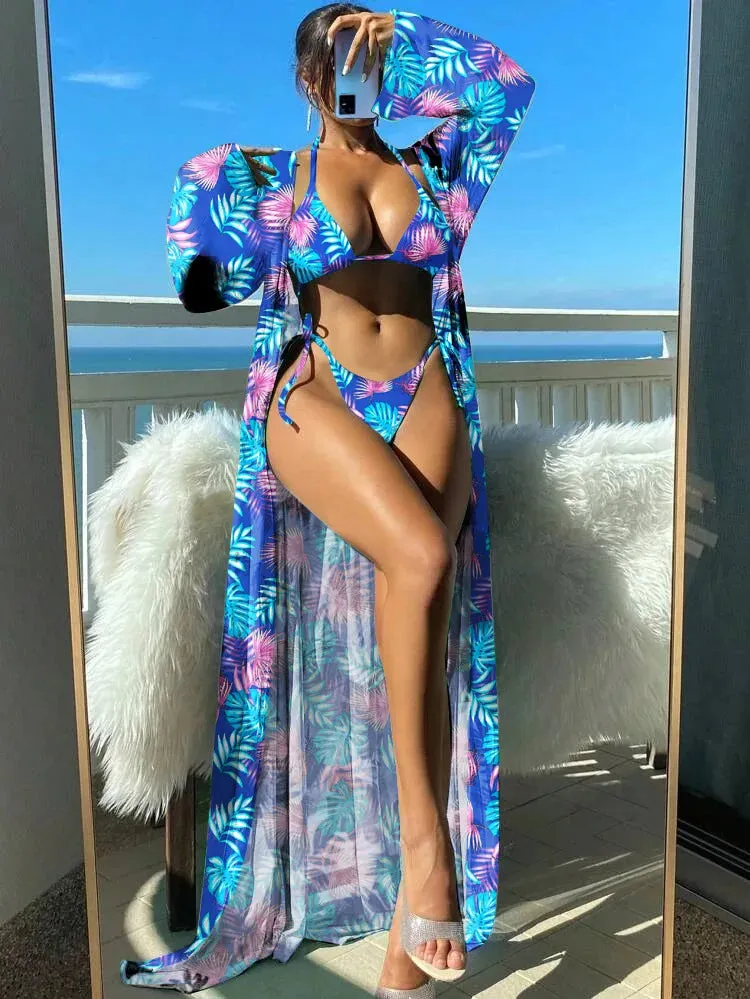 3 Pieces Triangle String Bikini 2024 Swimsuit Women & Kimono Swimwear Female Bathers Bathing Swimming Swim Suit Beachwear
