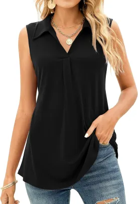 AKEWEI Sleeveless Tops for Women - Summer V Neck Casual Tank Tops Loose Solid Collar Polo Shirts
