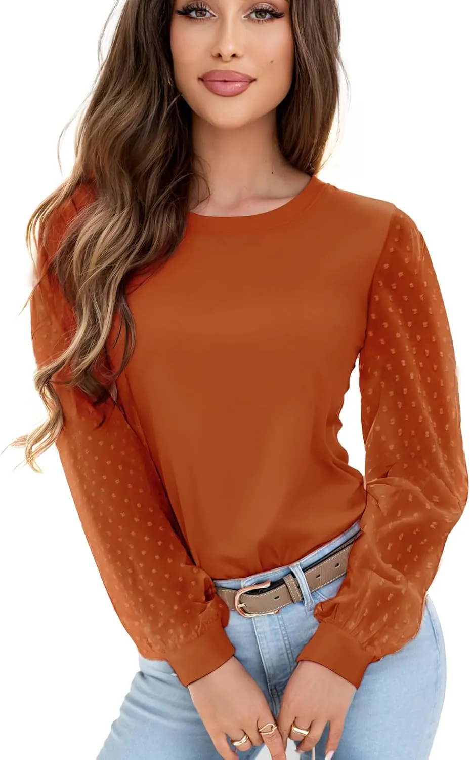 AURUZA Womens Mesh Long Sleeve Shirts Dressy Casual Blouses Tops Balloon Tunic Trendy Crew Neck Clothes Outfits