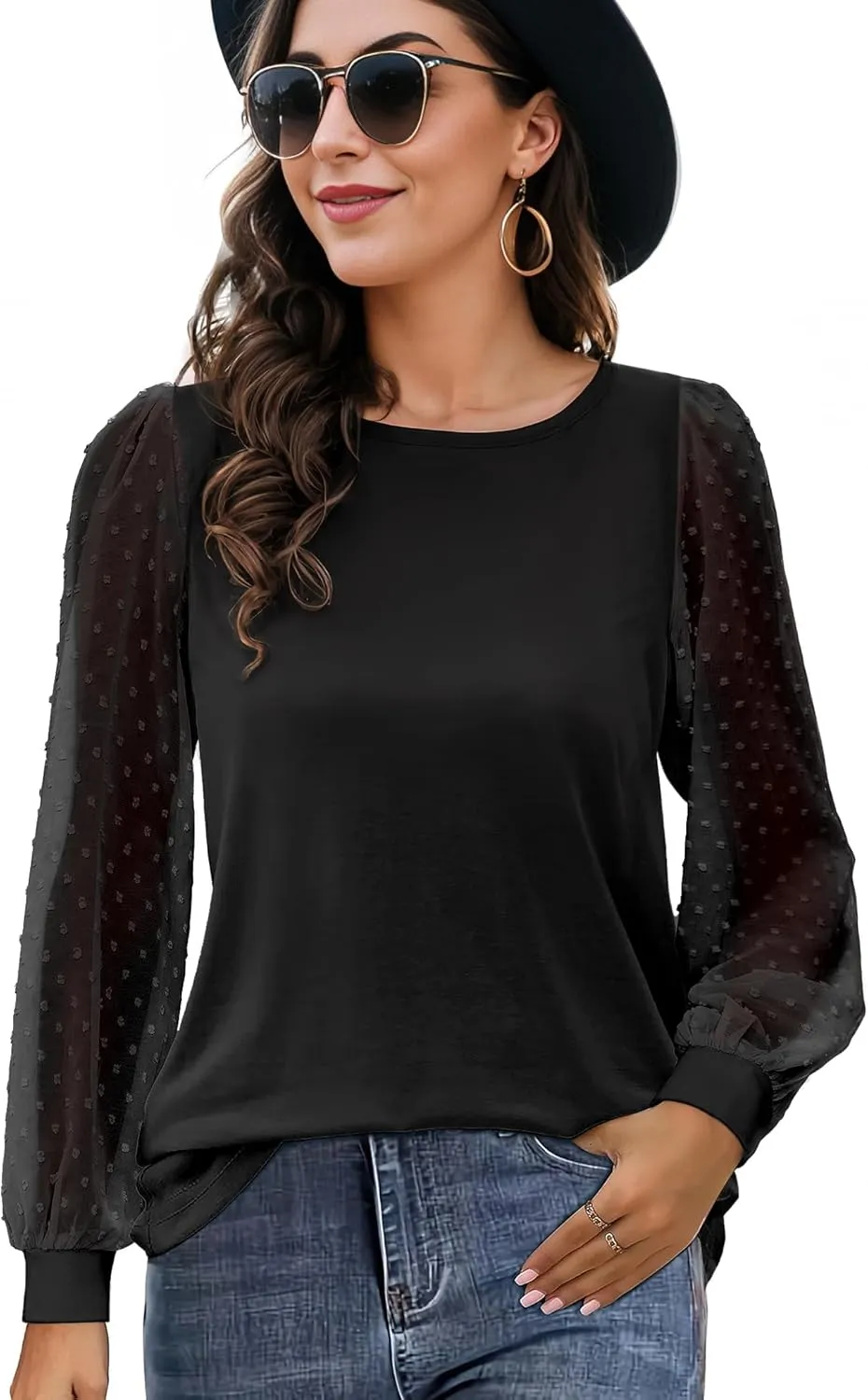 AURUZA Womens Mesh Long Sleeve Shirts Dressy Casual Blouses Tops Balloon Tunic Trendy Crew Neck Clothes Outfits