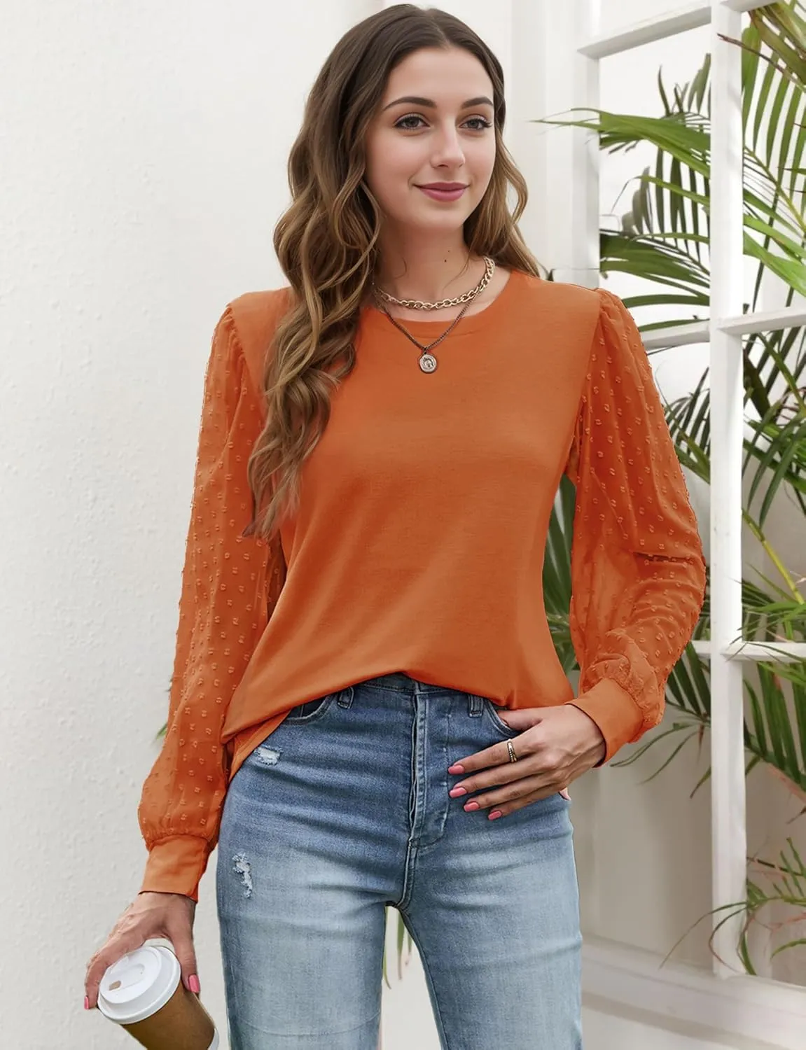 AURUZA Womens Mesh Long Sleeve Shirts Dressy Casual Blouses Tops Balloon Tunic Trendy Crew Neck Clothes Outfits