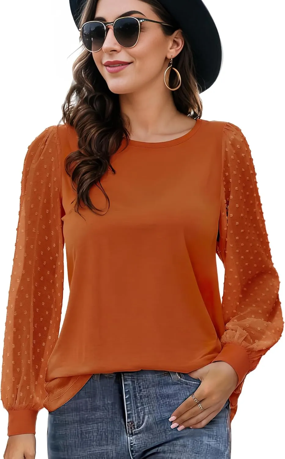 AURUZA Womens Mesh Long Sleeve Shirts Dressy Casual Blouses Tops Balloon Tunic Trendy Crew Neck Clothes Outfits