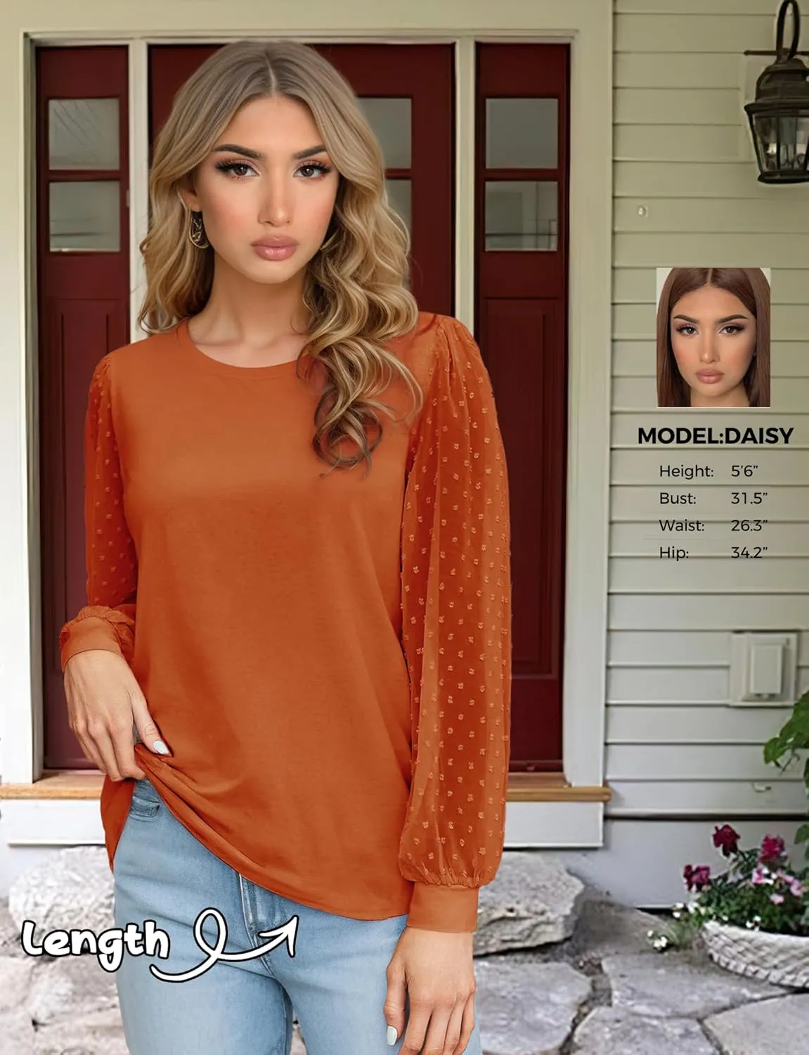 AURUZA Womens Mesh Long Sleeve Shirts Dressy Casual Blouses Tops Balloon Tunic Trendy Crew Neck Clothes Outfits
