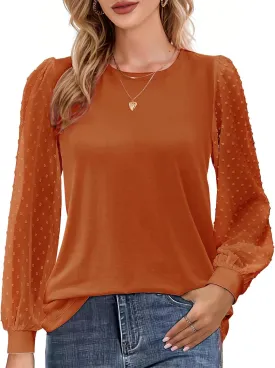 AURUZA Womens Mesh Long Sleeve Shirts Dressy Casual Blouses Tops Balloon Tunic Trendy Crew Neck Clothes Outfits