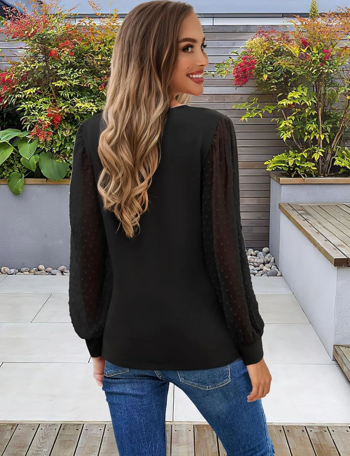 AURUZA Womens Mesh Long Sleeve Shirts Dressy Casual Blouses Tops Balloon Tunic Trendy Crew Neck Clothes Outfits