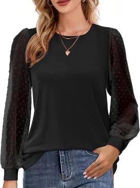 AURUZA Womens Mesh Long Sleeve Shirts Dressy Casual Blouses Tops Balloon Tunic Trendy Crew Neck Clothes Outfits