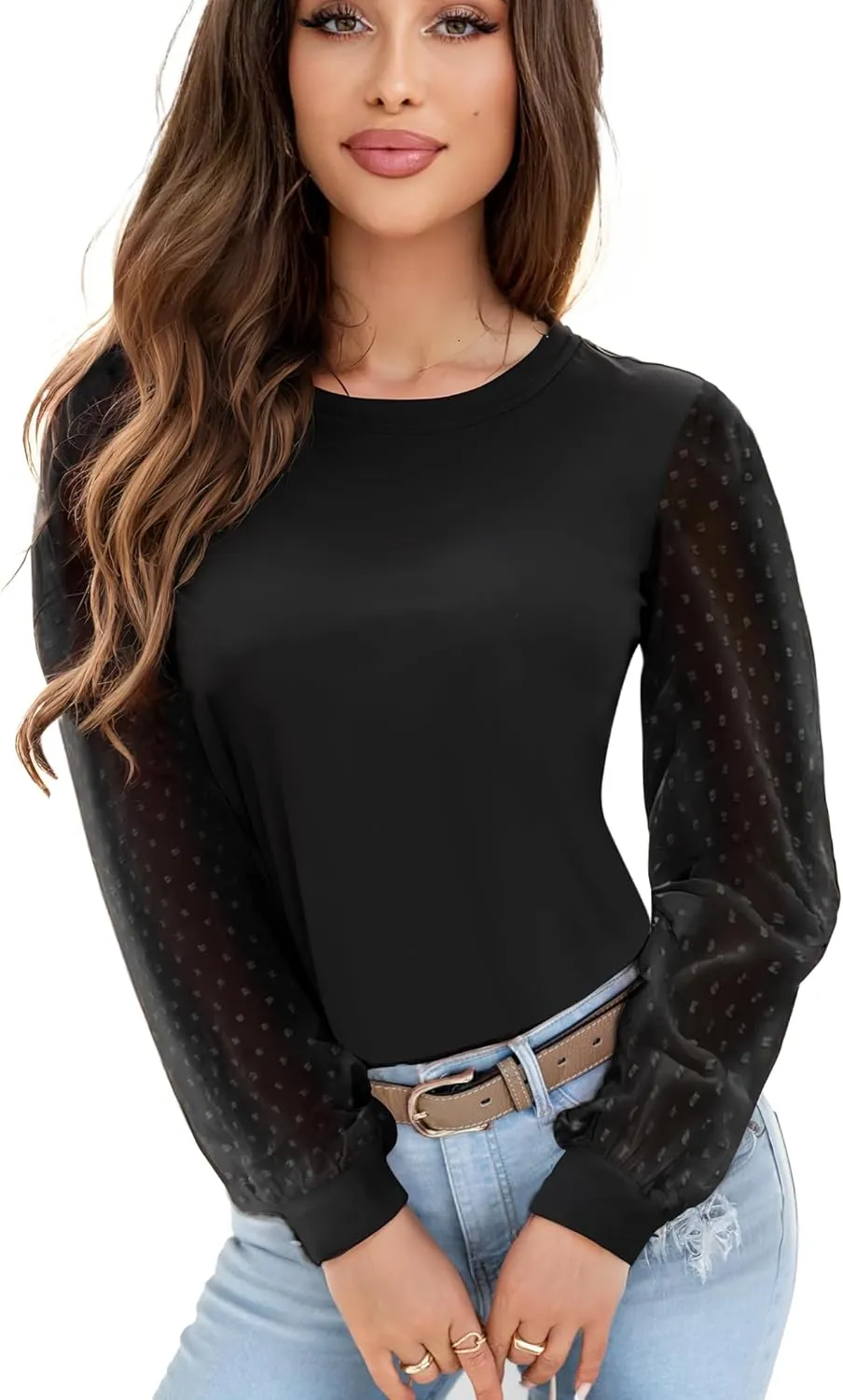 AURUZA Womens Mesh Long Sleeve Shirts Dressy Casual Blouses Tops Balloon Tunic Trendy Crew Neck Clothes Outfits