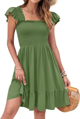 AUSELILY Women's Summer Dresses 2025 Casual Sleeveless Square Neck Smocked Ruffle Backless Short Flowy Beach Sundress