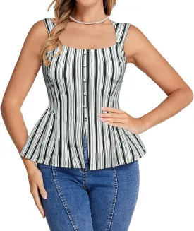 Belle Poque Summer Peplum Tops for Women Cute Square Neck Sleeveless Tops Striped Babydoll Tops Trendy 2025