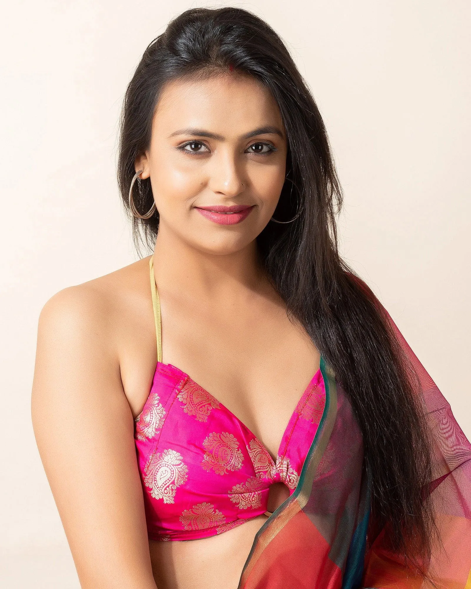 Designer Pink Brocade Backless Halter Blouse, Non-Padded Design