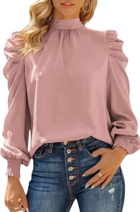 Dokotoo Womens 2024 Long Sleeve High Neck Puff Long Sleeve Casual Loose Shirts Tops and Blouses