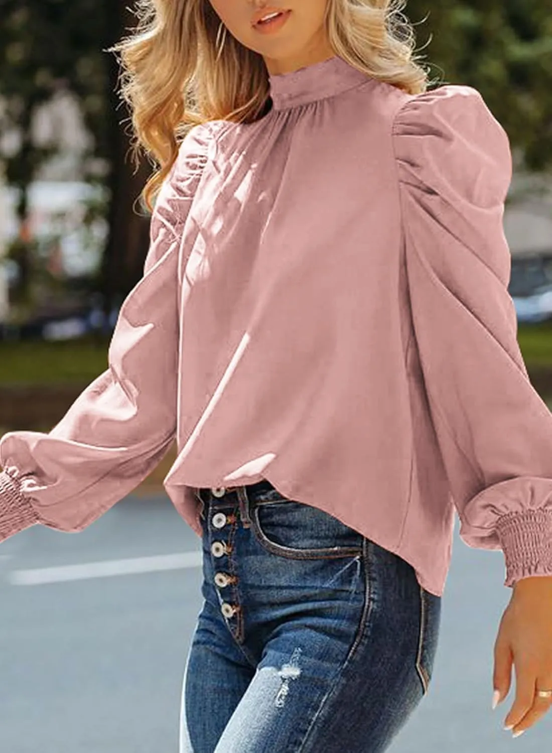 Dokotoo Womens 2024 Long Sleeve High Neck Puff Long Sleeve Casual Loose Shirts Tops and Blouses