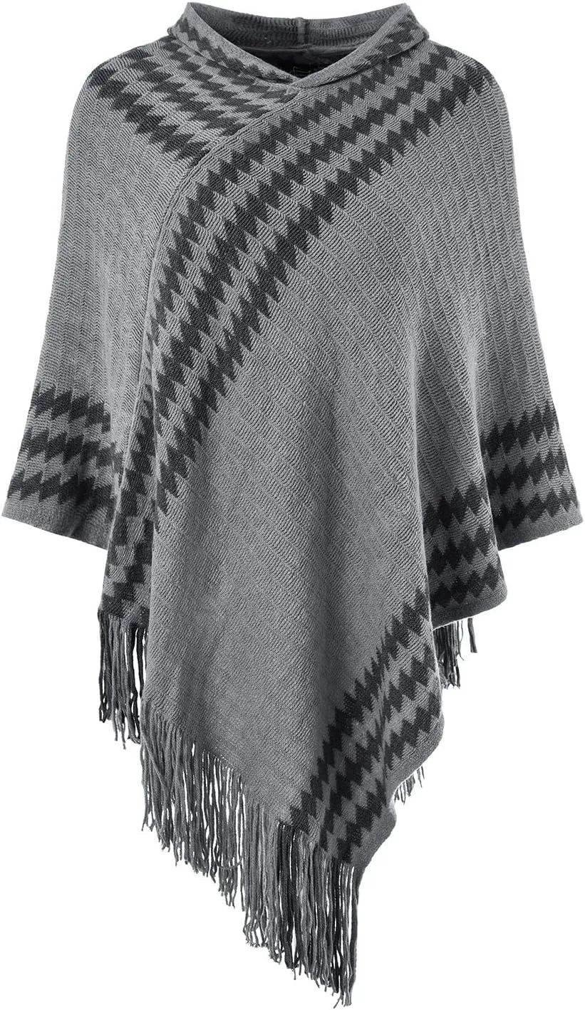 Ferand Women's Cozy Zigzag Poncho Sweater Lightweight Fringe Cape Cloak with Hood