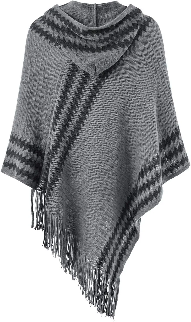 Ferand Women's Cozy Zigzag Poncho Sweater Lightweight Fringe Cape Cloak with Hood