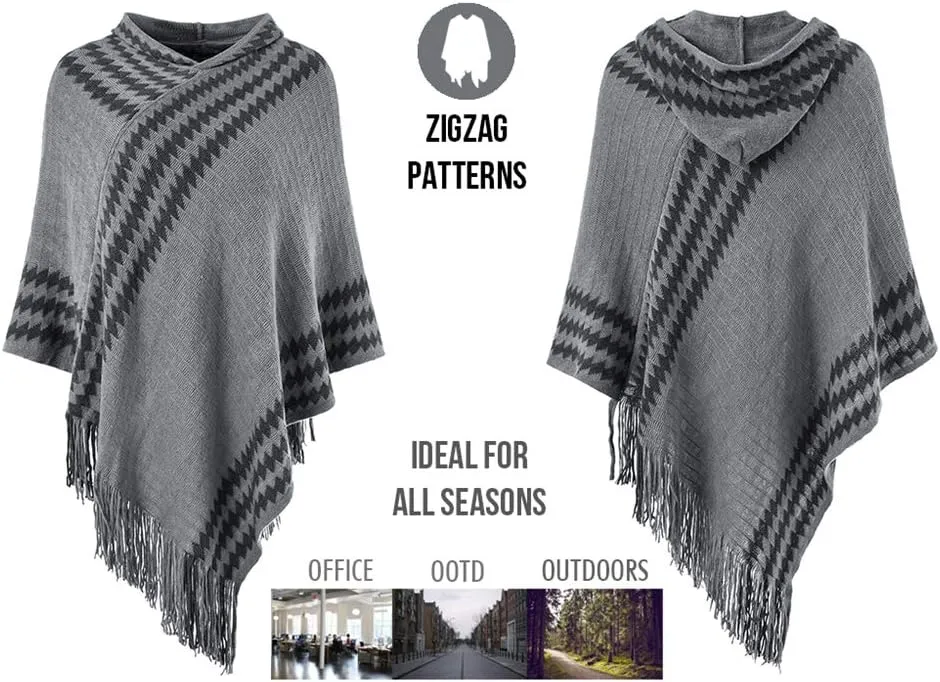 Ferand Women's Cozy Zigzag Poncho Sweater Lightweight Fringe Cape Cloak with Hood