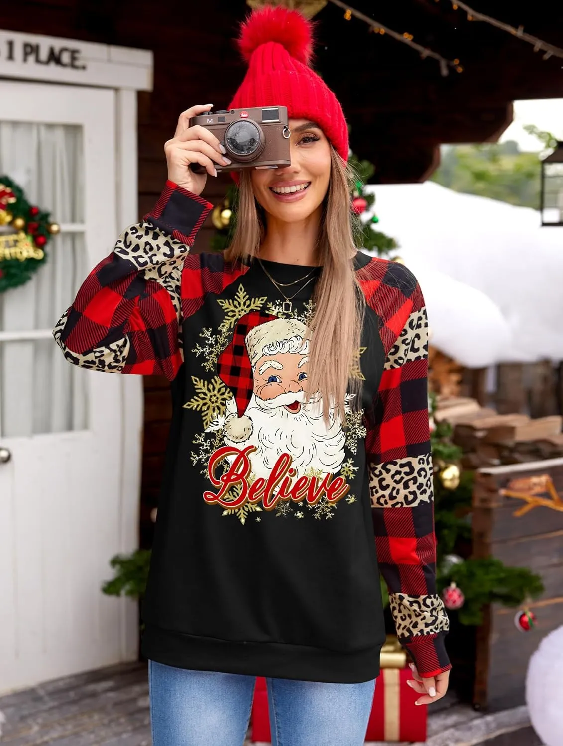 For G and PL Women's Christmas Long Sleeve Raglan Snowflake Plaid Graphic Holiday Sweatshirt