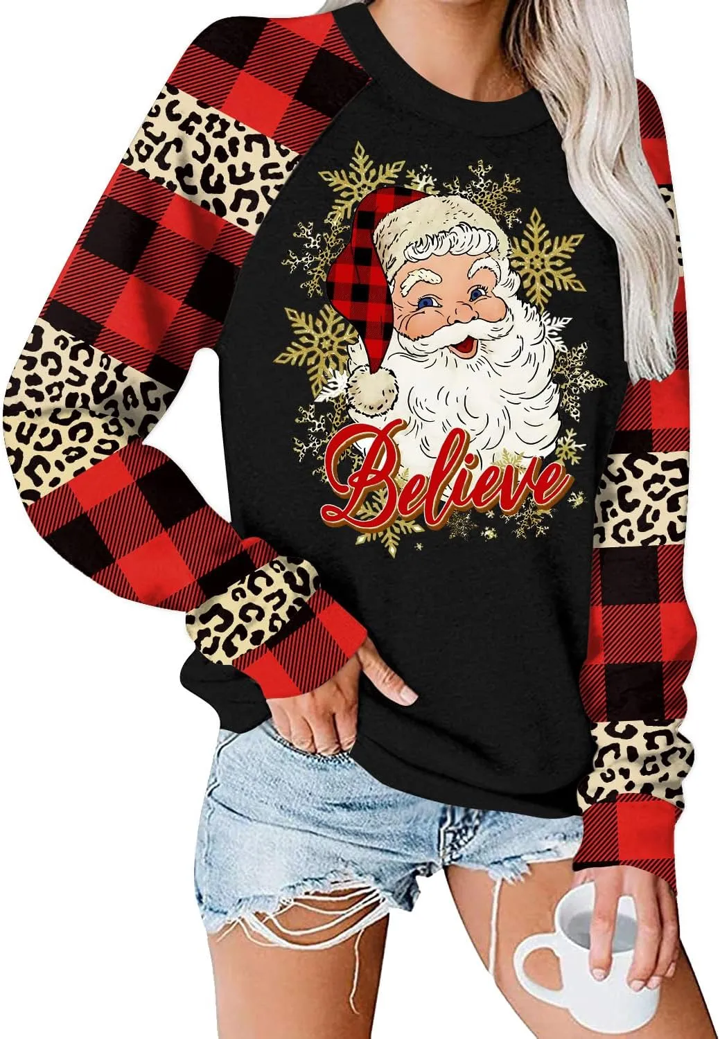 For G and PL Women's Christmas Long Sleeve Raglan Snowflake Plaid Graphic Holiday Sweatshirt