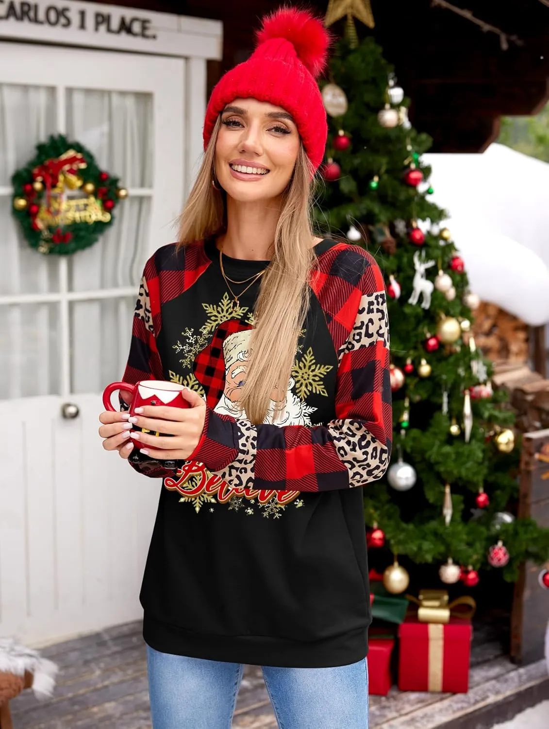 For G and PL Women's Christmas Long Sleeve Raglan Snowflake Plaid Graphic Holiday Sweatshirt
