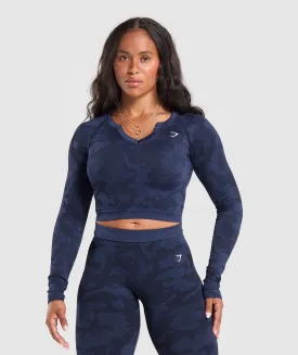 Gymshark Adapt Camo Long Sleeve Crop Top - Midnight Blue/Ash Blue