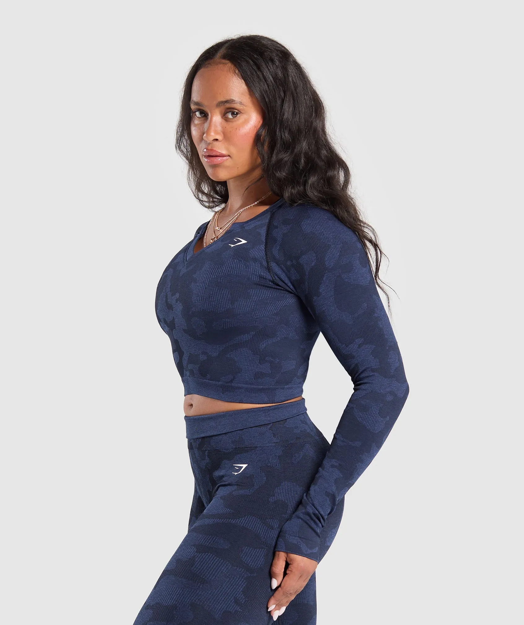 Gymshark Adapt Camo Long Sleeve Crop Top - Midnight Blue/Ash Blue