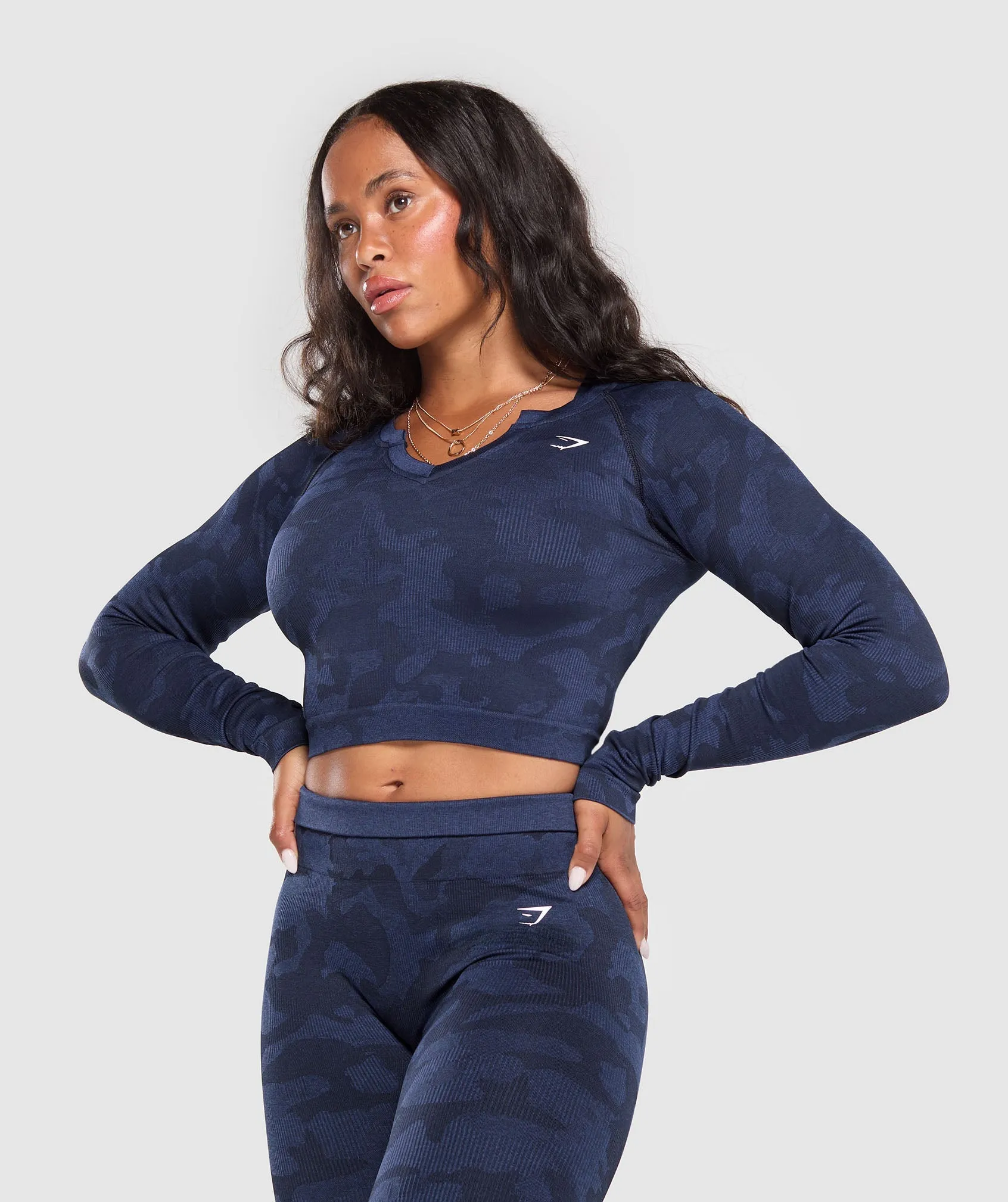 Gymshark Adapt Camo Long Sleeve Crop Top - Midnight Blue/Ash Blue