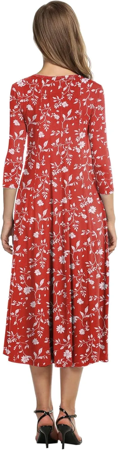 HOTOUCH Women's 3/4 Sleeve A-line and Flare Midi Long Dress