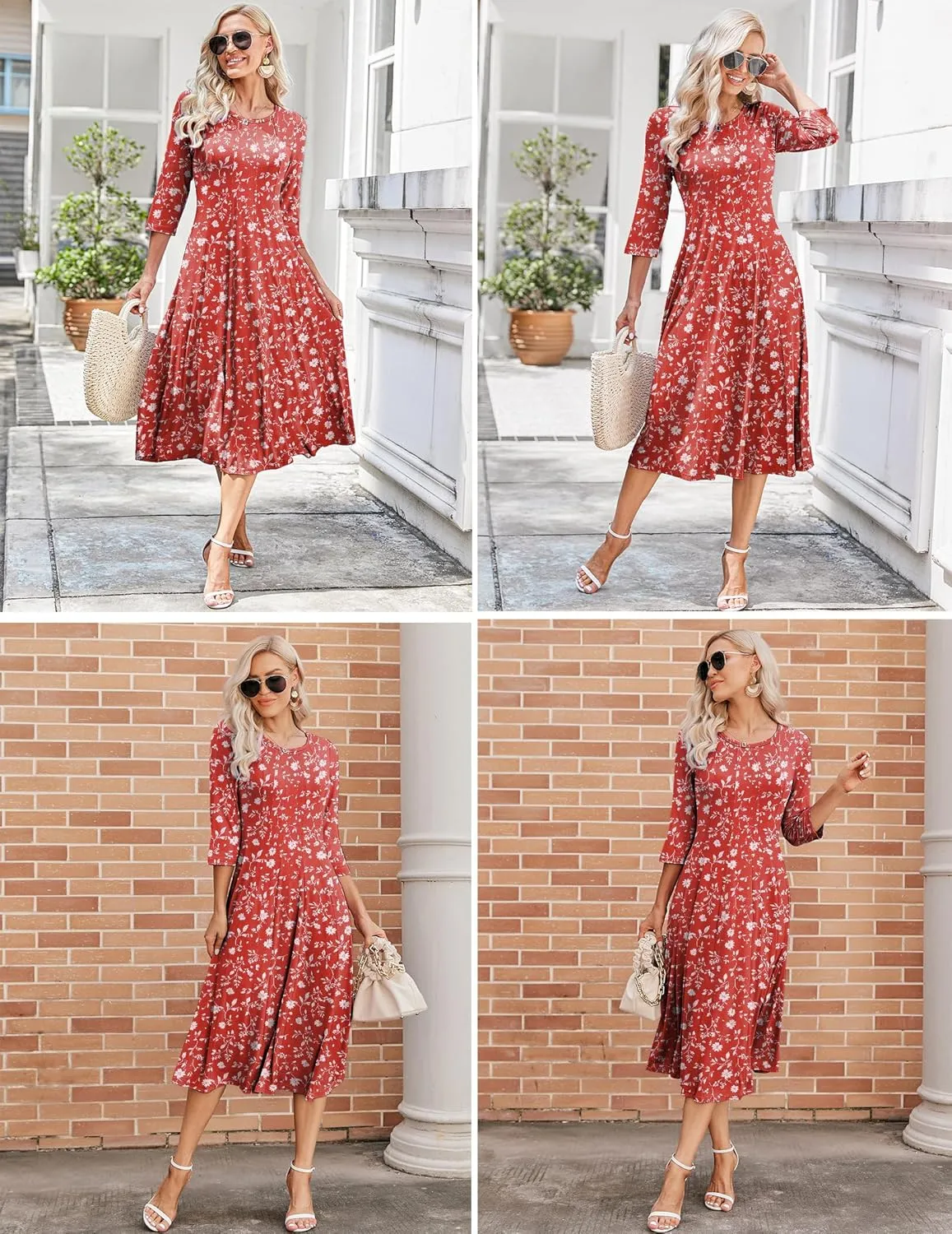 HOTOUCH Women's 3/4 Sleeve A-line and Flare Midi Long Dress