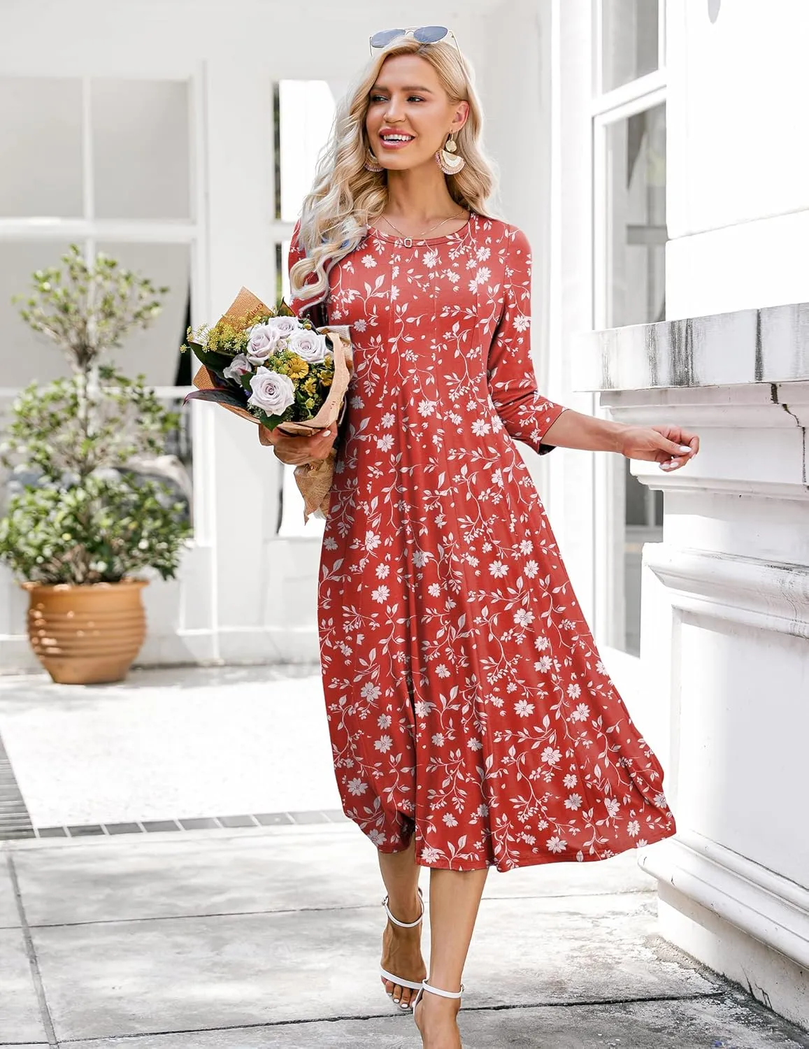 HOTOUCH Women's 3/4 Sleeve A-line and Flare Midi Long Dress