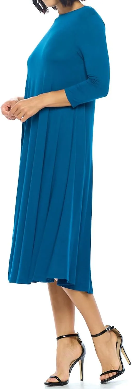 iconic luxe Women's Swing Midi Dress  3/4 Sleeve Flowy A-Line Tunic  Soft, Stretchy, Comfortable, and Versatile