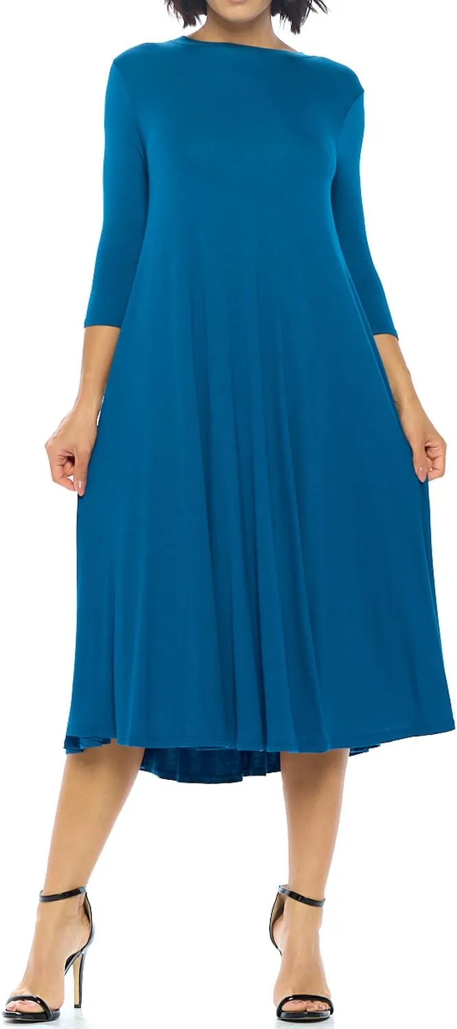 iconic luxe Women's Swing Midi Dress  3/4 Sleeve Flowy A-Line Tunic  Soft, Stretchy, Comfortable, and Versatile