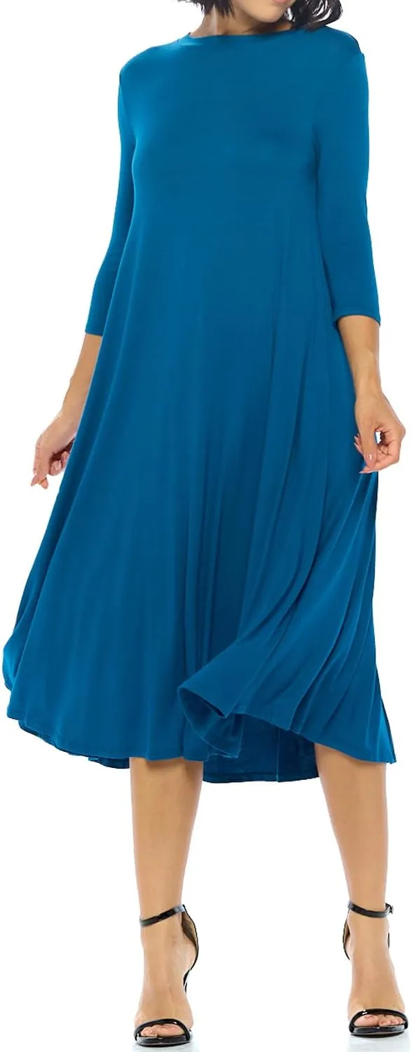 iconic luxe Women's Swing Midi Dress  3/4 Sleeve Flowy A-Line Tunic  Soft, Stretchy, Comfortable, and Versatile