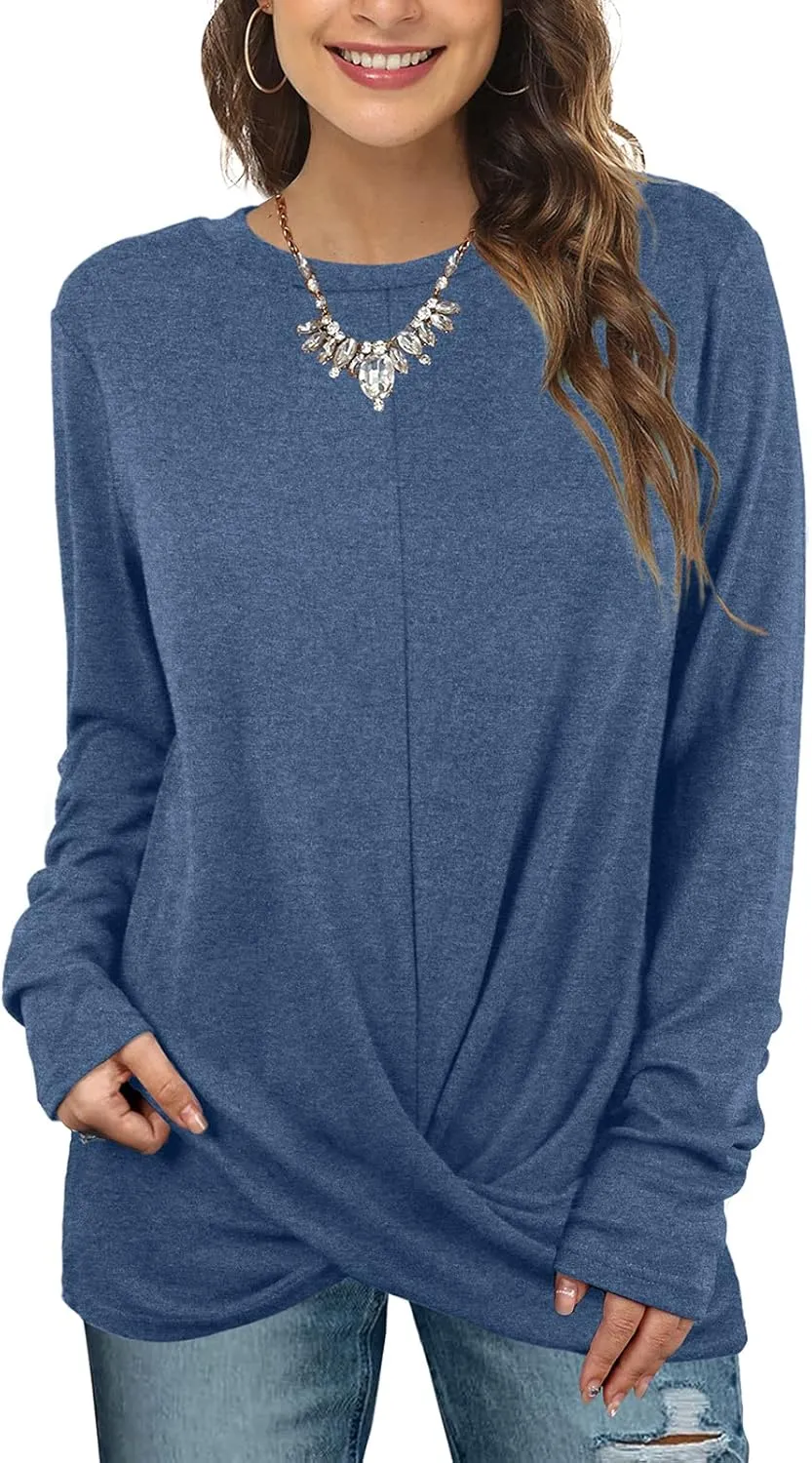 Jescakoo Tunic Tops For Leggings For Women Twist Front Long Sleeve Crew Neck Shirts