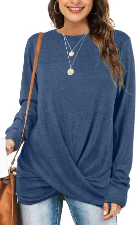 Jescakoo Tunic Tops For Leggings For Women Twist Front Long Sleeve Crew Neck Shirts