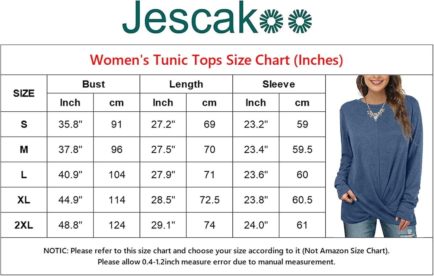 Jescakoo Tunic Tops For Leggings For Women Twist Front Long Sleeve Crew Neck Shirts