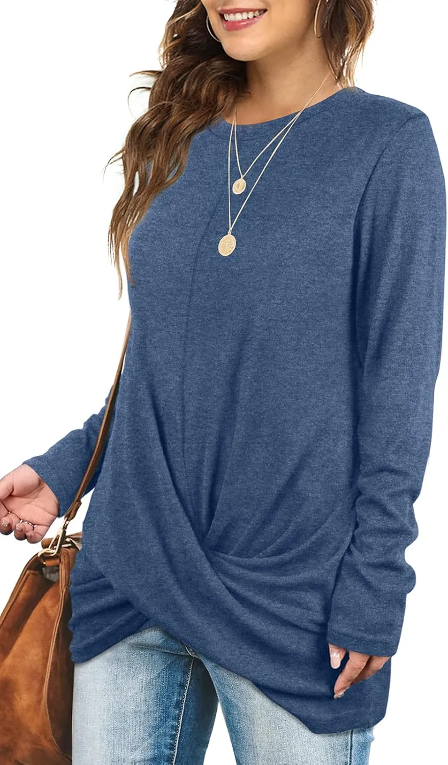 Jescakoo Tunic Tops For Leggings For Women Twist Front Long Sleeve Crew Neck Shirts