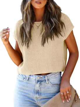 LCXWFE Womens Summer Cropped Sweater Vest Trendy Cap Sleeve Crop Tops Crew Neck Loose Knit Tank Top