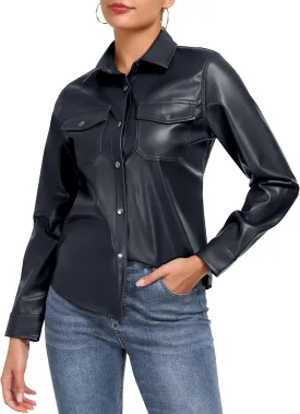 Little Donkey Andy Women's Leather Jacket Long Sleeve Waterproof Stretch Faux Leather Jacket for Women Outwear Casual