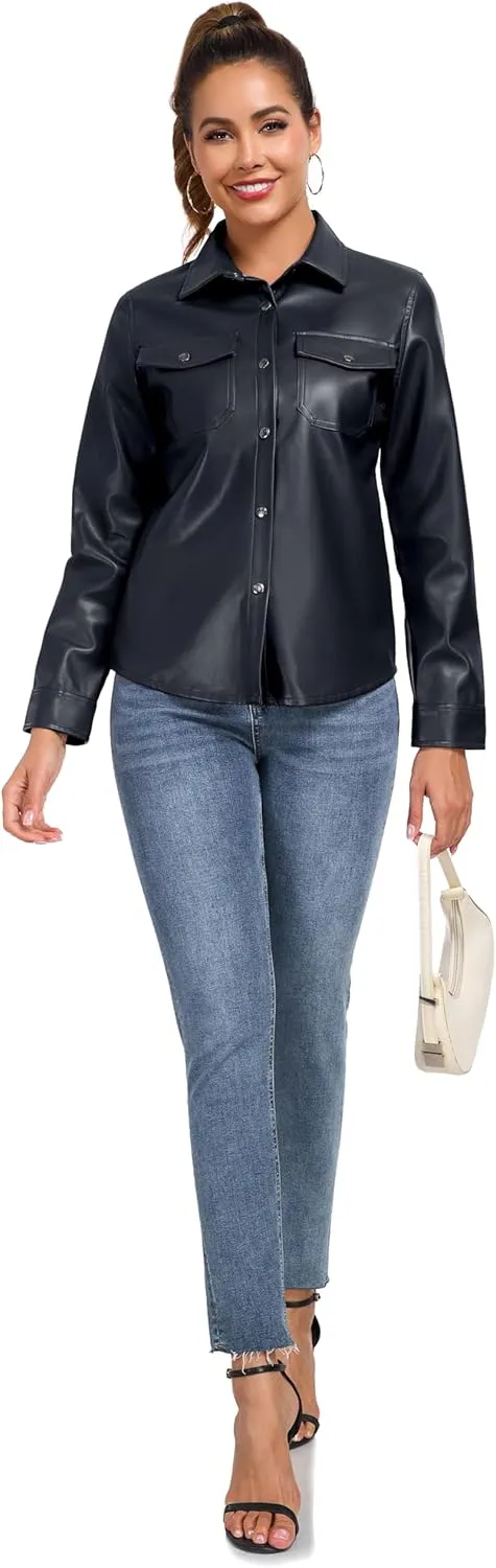 Little Donkey Andy Women's Leather Jacket Long Sleeve Waterproof Stretch Faux Leather Jacket for Women Outwear Casual