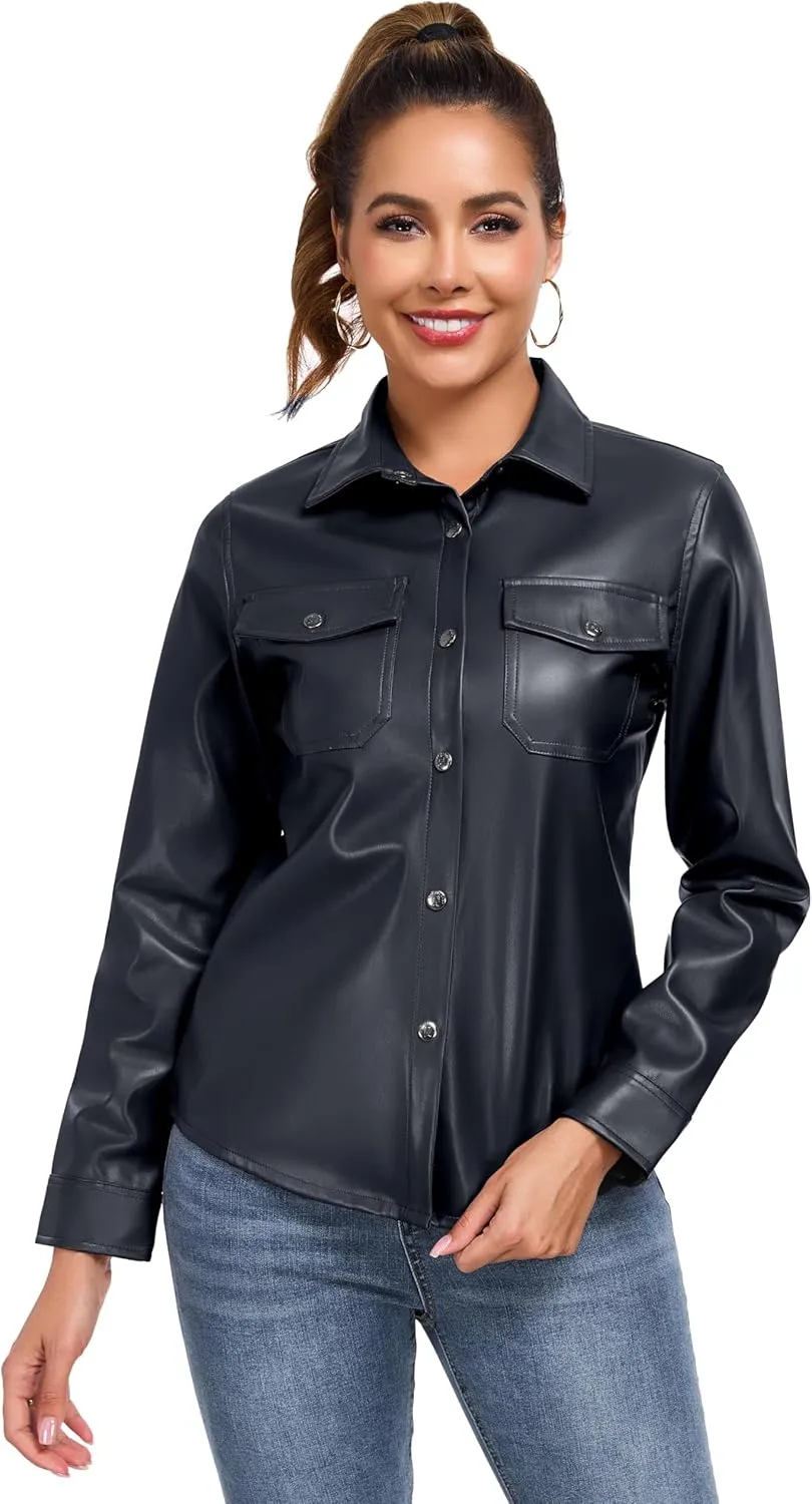 Little Donkey Andy Women's Leather Jacket Long Sleeve Waterproof Stretch Faux Leather Jacket for Women Outwear Casual