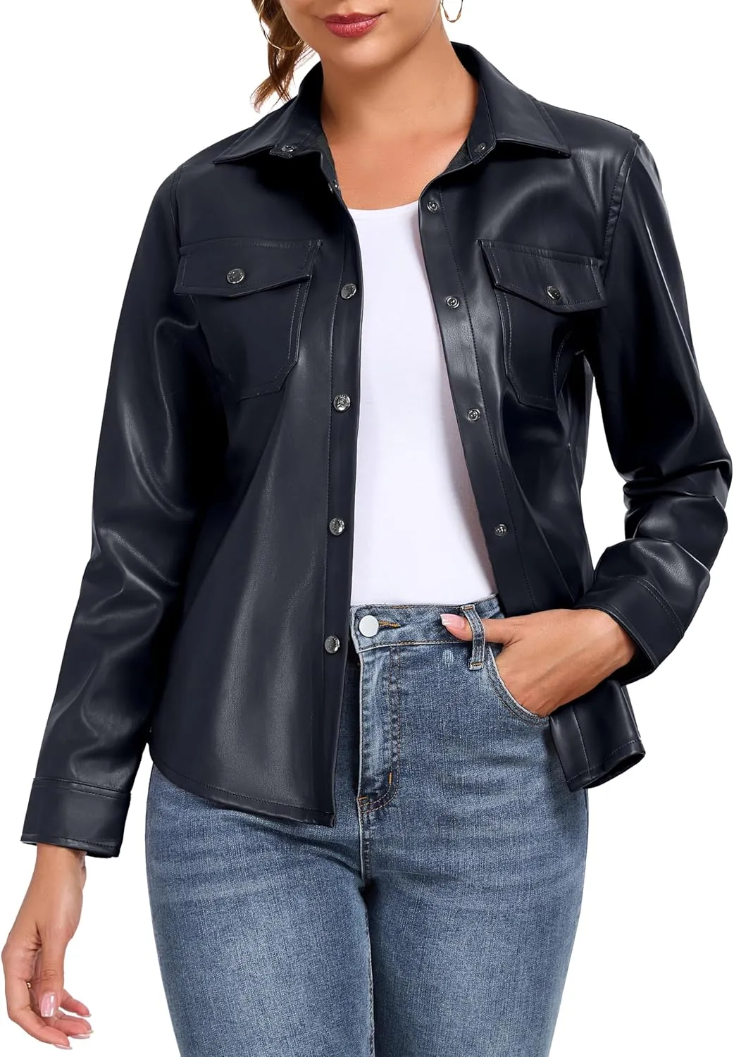 Little Donkey Andy Women's Leather Jacket Long Sleeve Waterproof Stretch Faux Leather Jacket for Women Outwear Casual