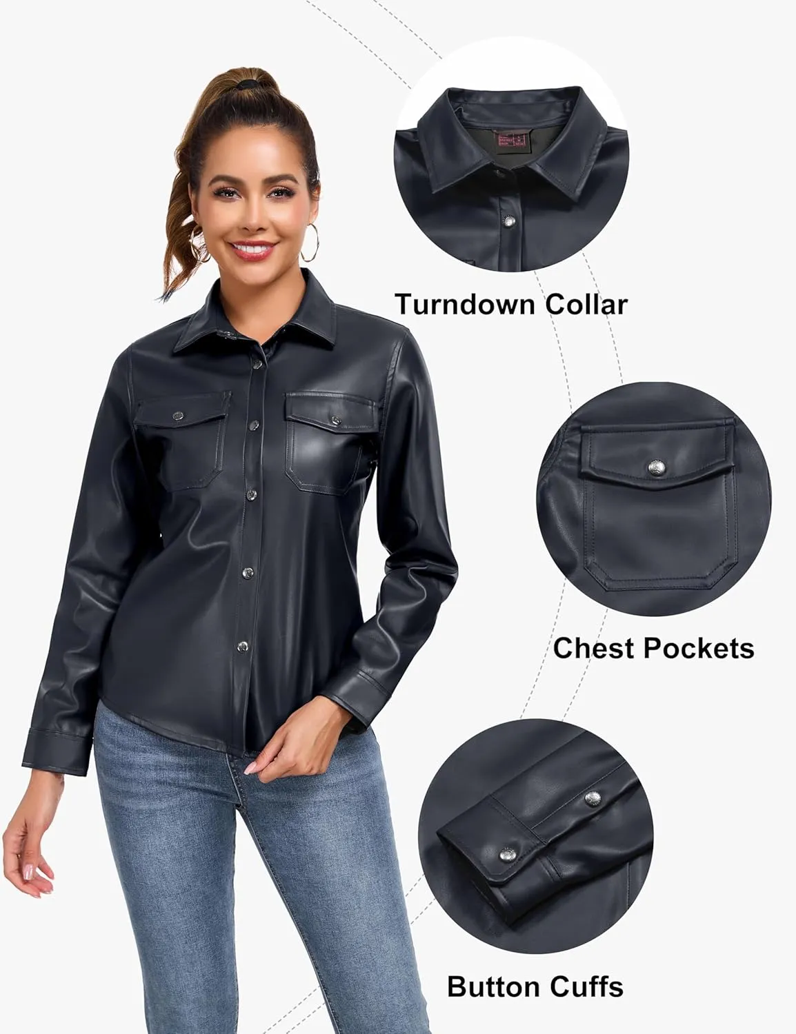 Little Donkey Andy Women's Leather Jacket Long Sleeve Waterproof Stretch Faux Leather Jacket for Women Outwear Casual