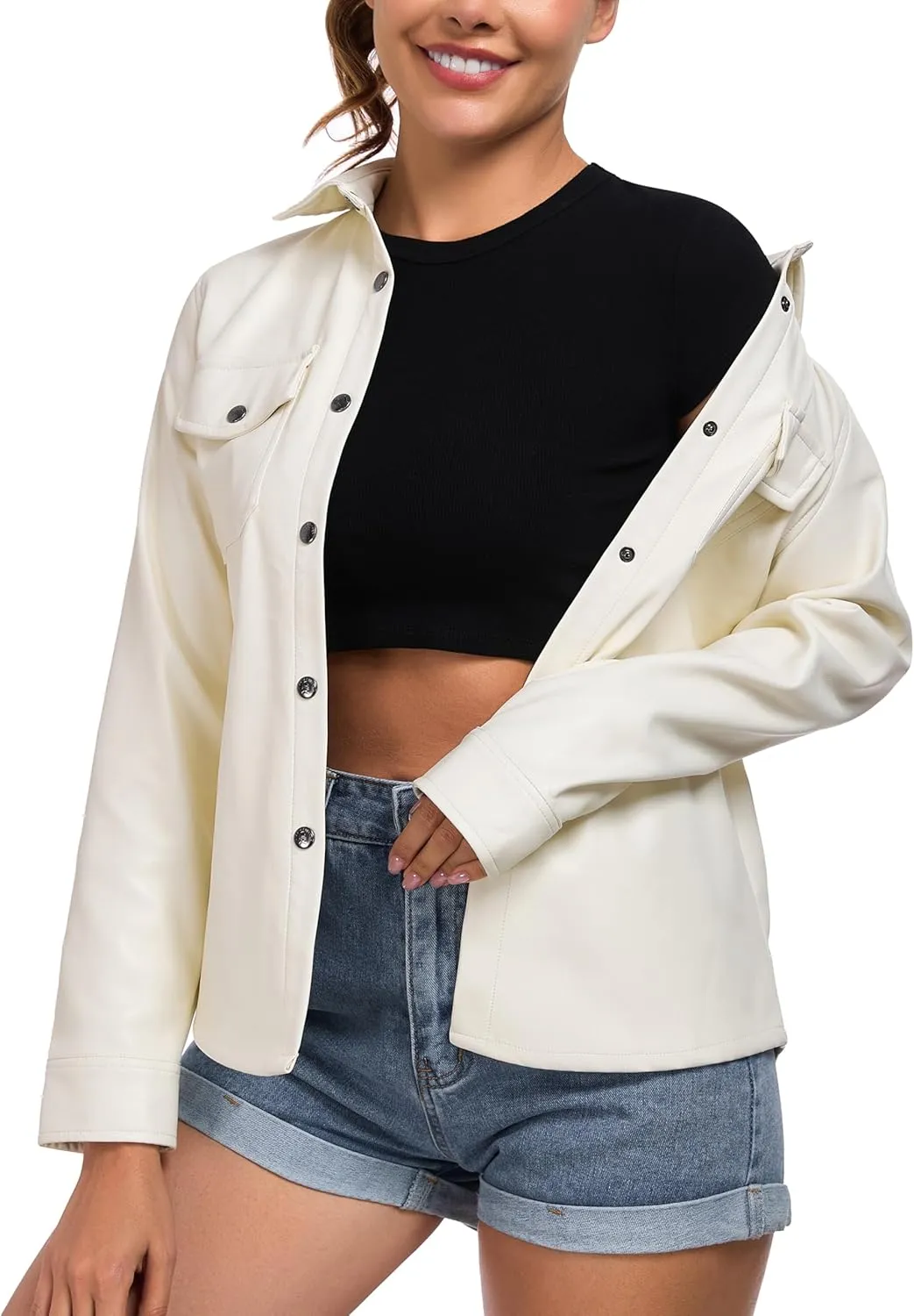 Little Donkey Andy Women's Leather Jacket Long Sleeve Waterproof Stretch Faux Leather Jacket for Women Outwear Casual