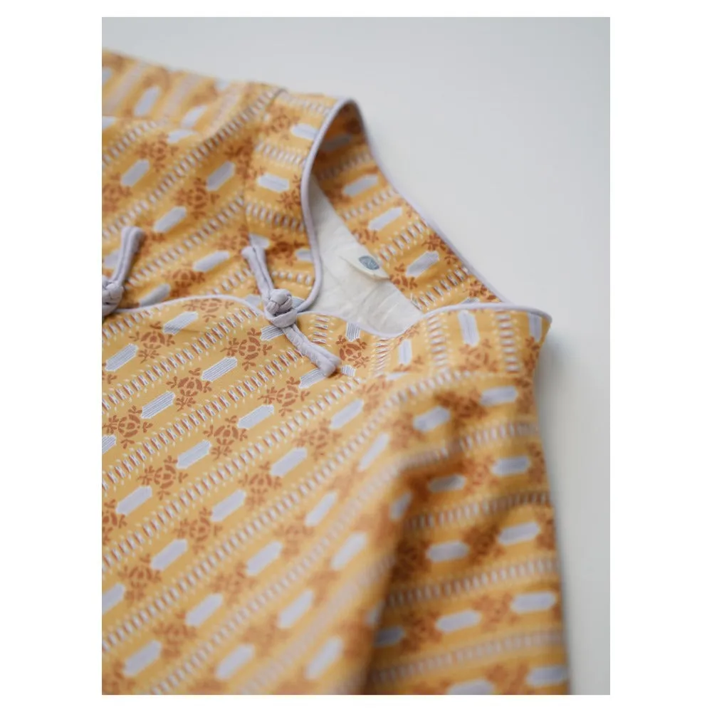 MaNa Girls' Cotton Top with Handmade Frog Buttons and Oversized Sleeves - Orange Print
