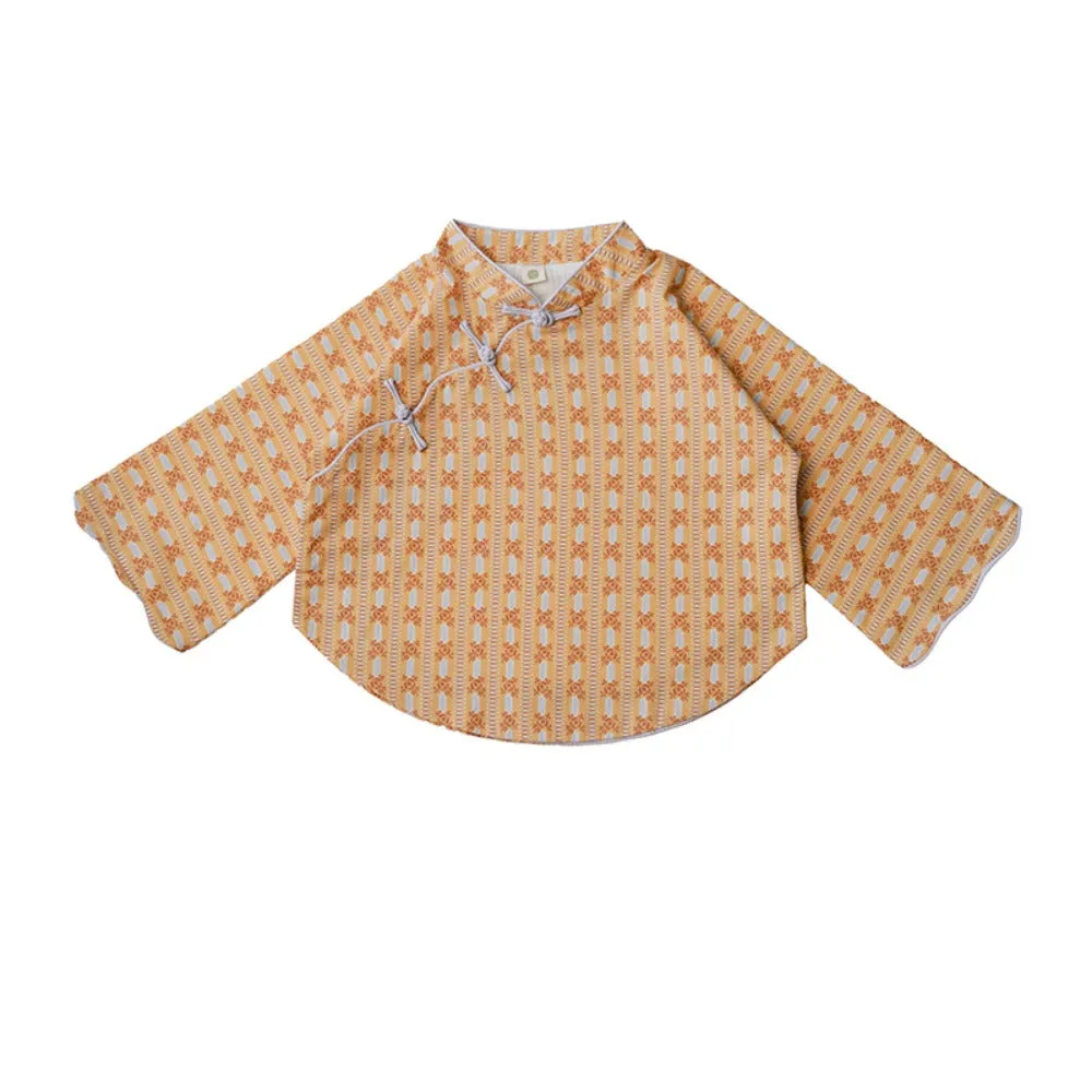 MaNa Girls' Cotton Top with Handmade Frog Buttons and Oversized Sleeves - Orange Print