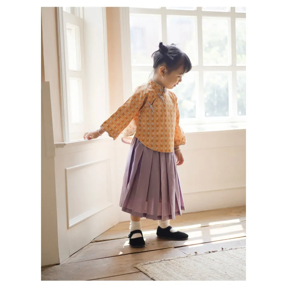 MaNa Girls' Cotton Top with Handmade Frog Buttons and Oversized Sleeves - Orange Print