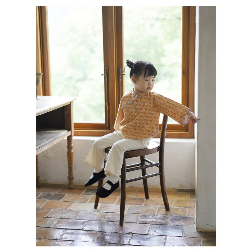 MaNa Girls' Cotton Top with Handmade Frog Buttons and Oversized Sleeves - Orange Print