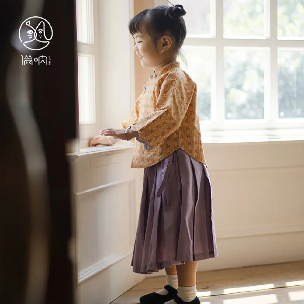 MaNa Girls' Cotton Top with Handmade Frog Buttons and Oversized Sleeves - Orange Print